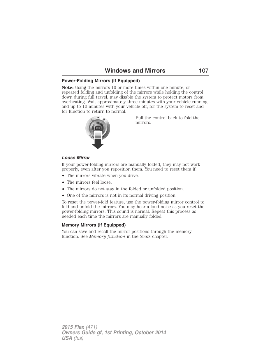 Power-folding mirrors (if equipped), Loose mirror, Memory mirrors (if equipped) | Windows and mirrors 107 | FORD 2015 Flex User Manual | Page 108 / 571