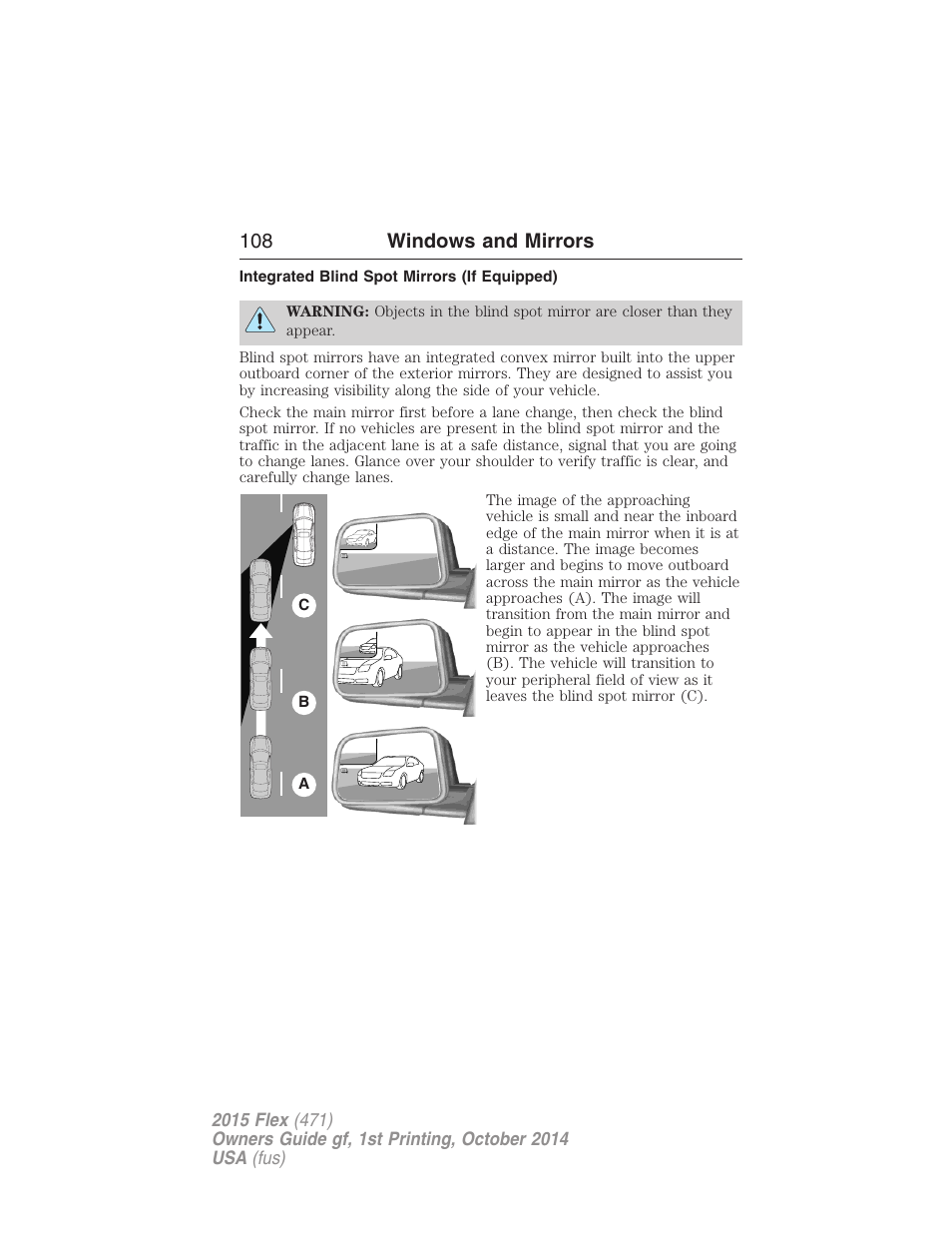 Integrated blind spot mirrors (if equipped), 108 windows and mirrors | FORD 2015 Flex User Manual | Page 109 / 571