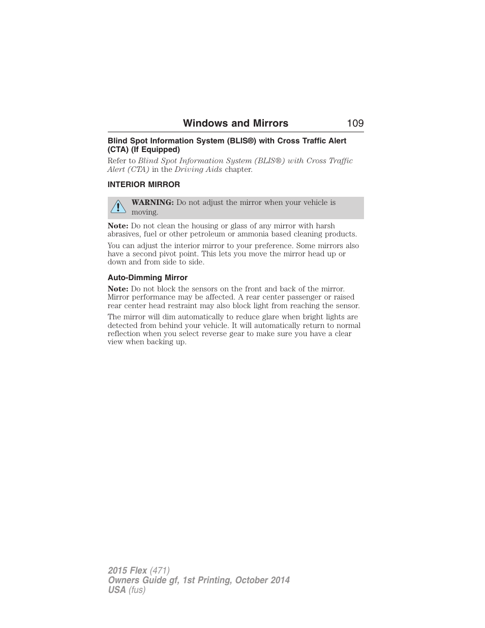 Interior mirror, Auto-dimming mirror, Interior mirrors | Windows and mirrors 109 | FORD 2015 Flex User Manual | Page 110 / 571