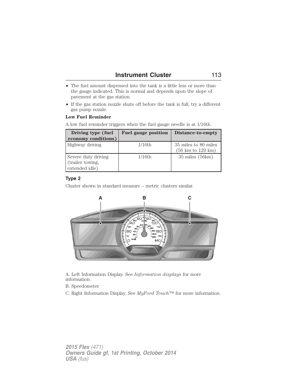 Type 2, Instrument cluster 113 | FORD 2015 Flex User Manual | Page 114 / 571