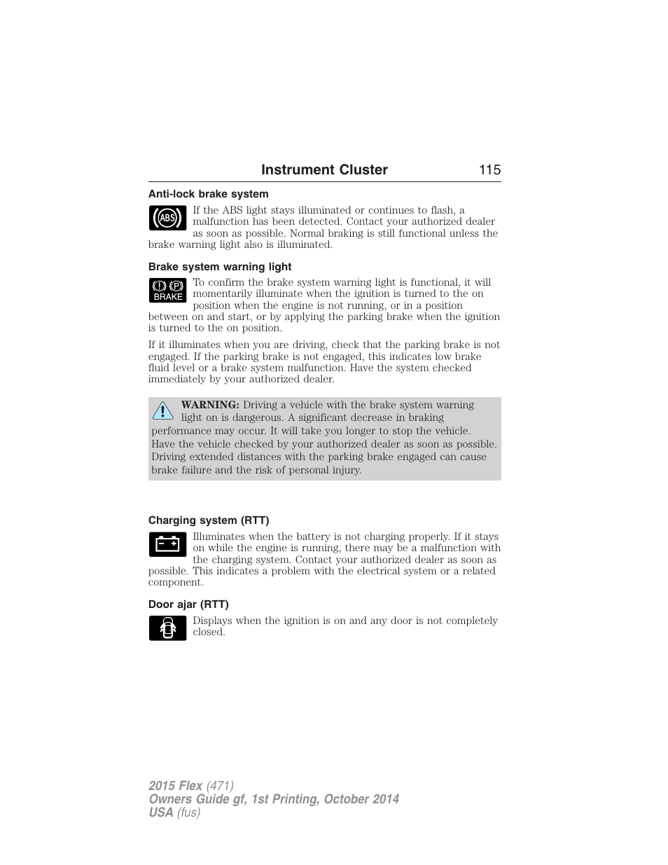Anti-lock brake system, Brake system warning light, Charging system (rtt) | Door ajar (rtt), Instrument cluster 115 | FORD 2015 Flex User Manual | Page 116 / 571