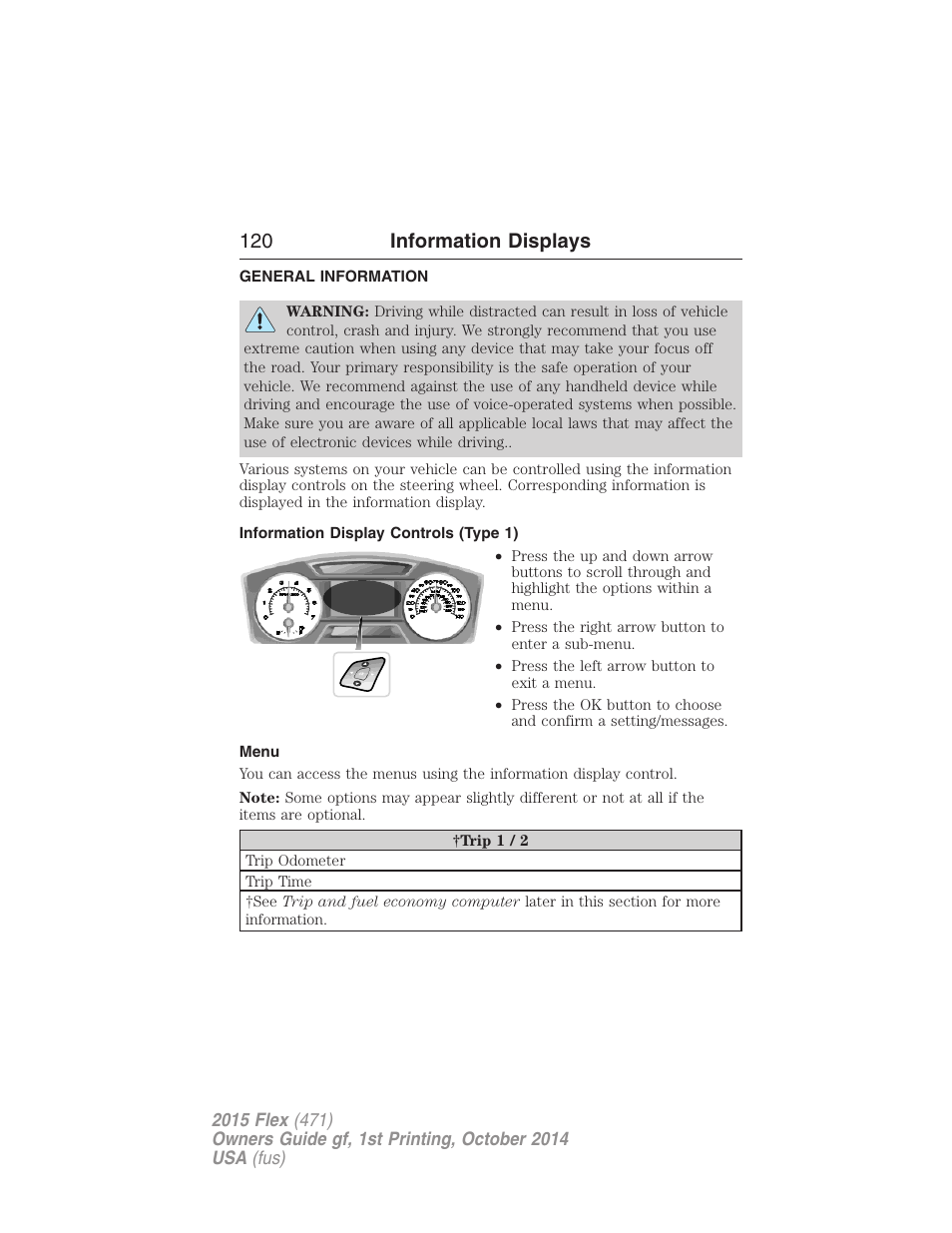 Information displays, General information, Information display controls (type 1) | Menu, Controls, 120 information displays | FORD 2015 Flex User Manual | Page 121 / 571