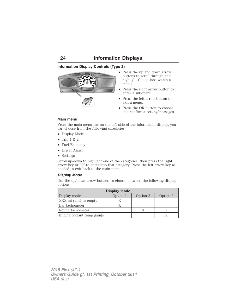 Information display controls (type 2), Main menu, Display mode | 124 information displays | FORD 2015 Flex User Manual | Page 125 / 571