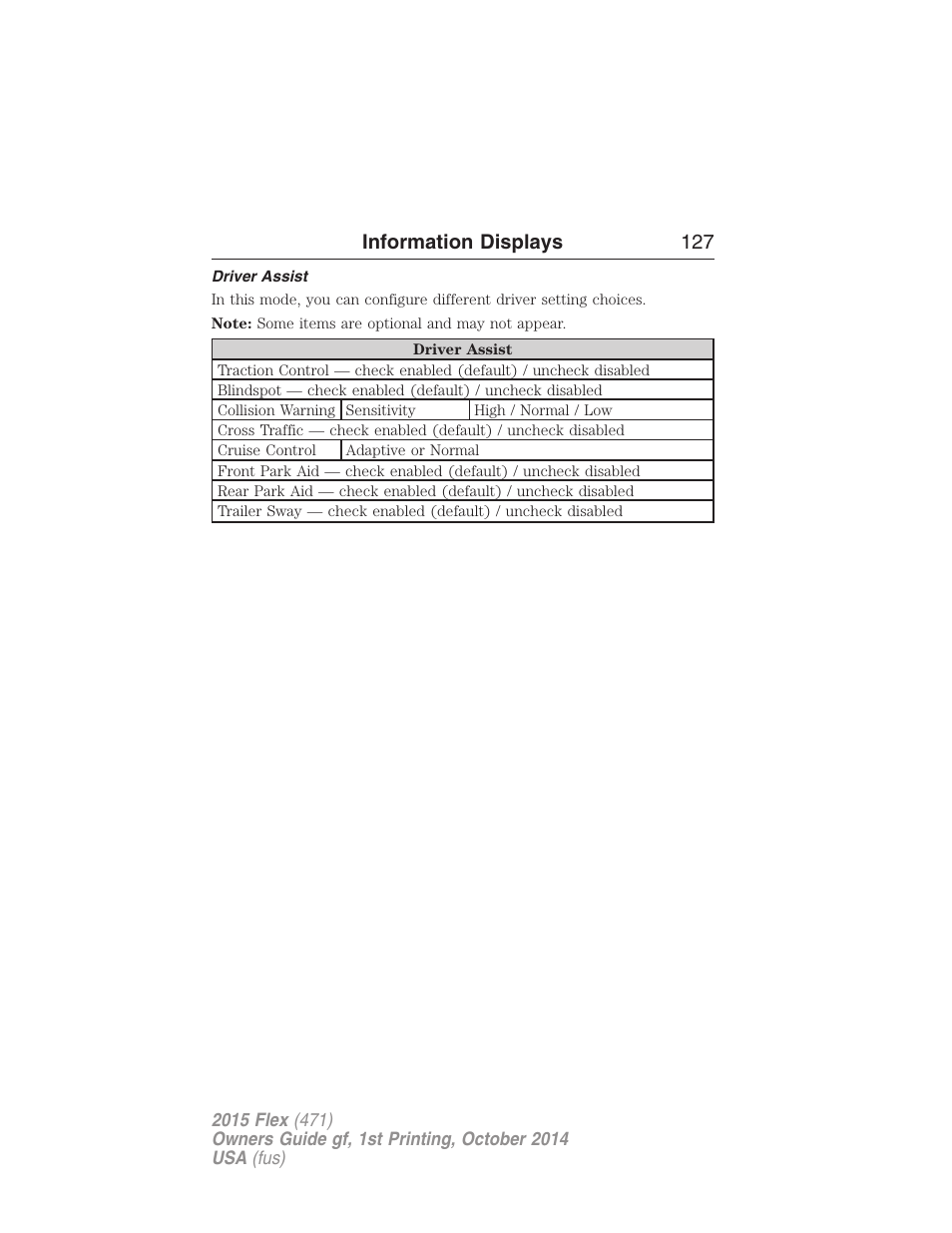 Driver assist, Information displays 127 | FORD 2015 Flex User Manual | Page 128 / 571