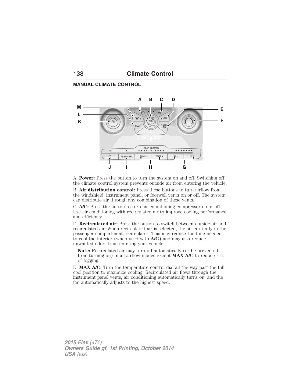 Climate control, Manual climate control, Manual heating and air conditioning | 138 climate control | FORD 2015 Flex User Manual | Page 139 / 571