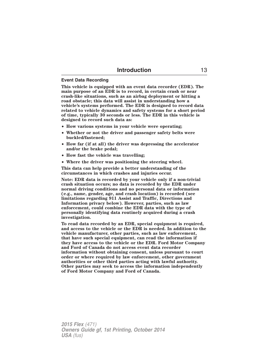 Event data recording, Introduction 13 | FORD 2015 Flex User Manual | Page 14 / 571
