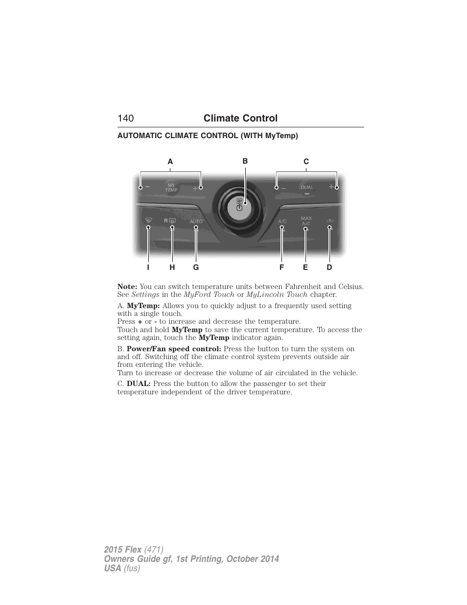 Automatic climate control (with mytemp), Dual automatic temperature control, 140 climate control | FORD 2015 Flex User Manual | Page 141 / 571