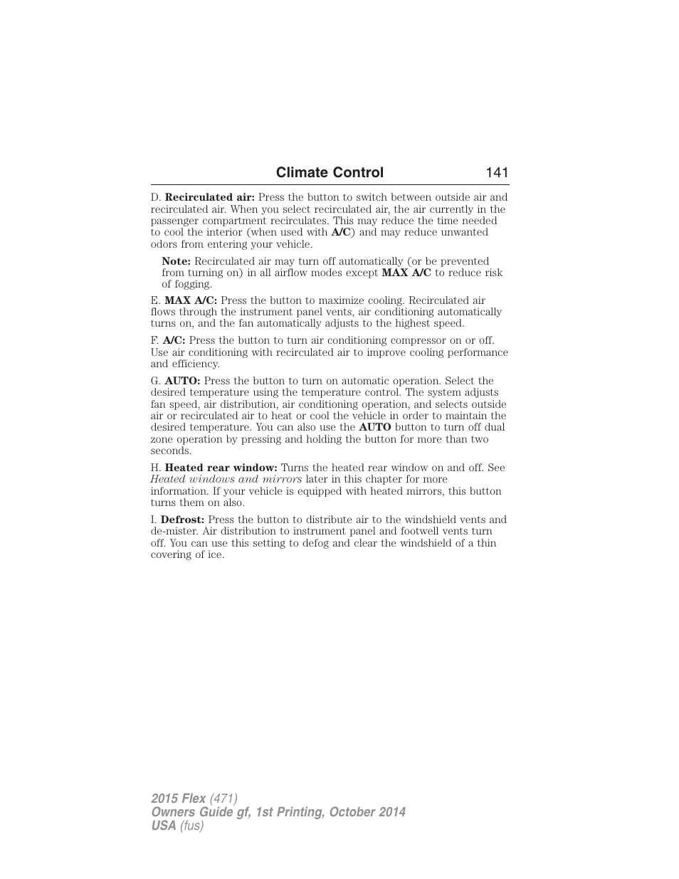 Climate control 141 | FORD 2015 Flex User Manual | Page 142 / 571