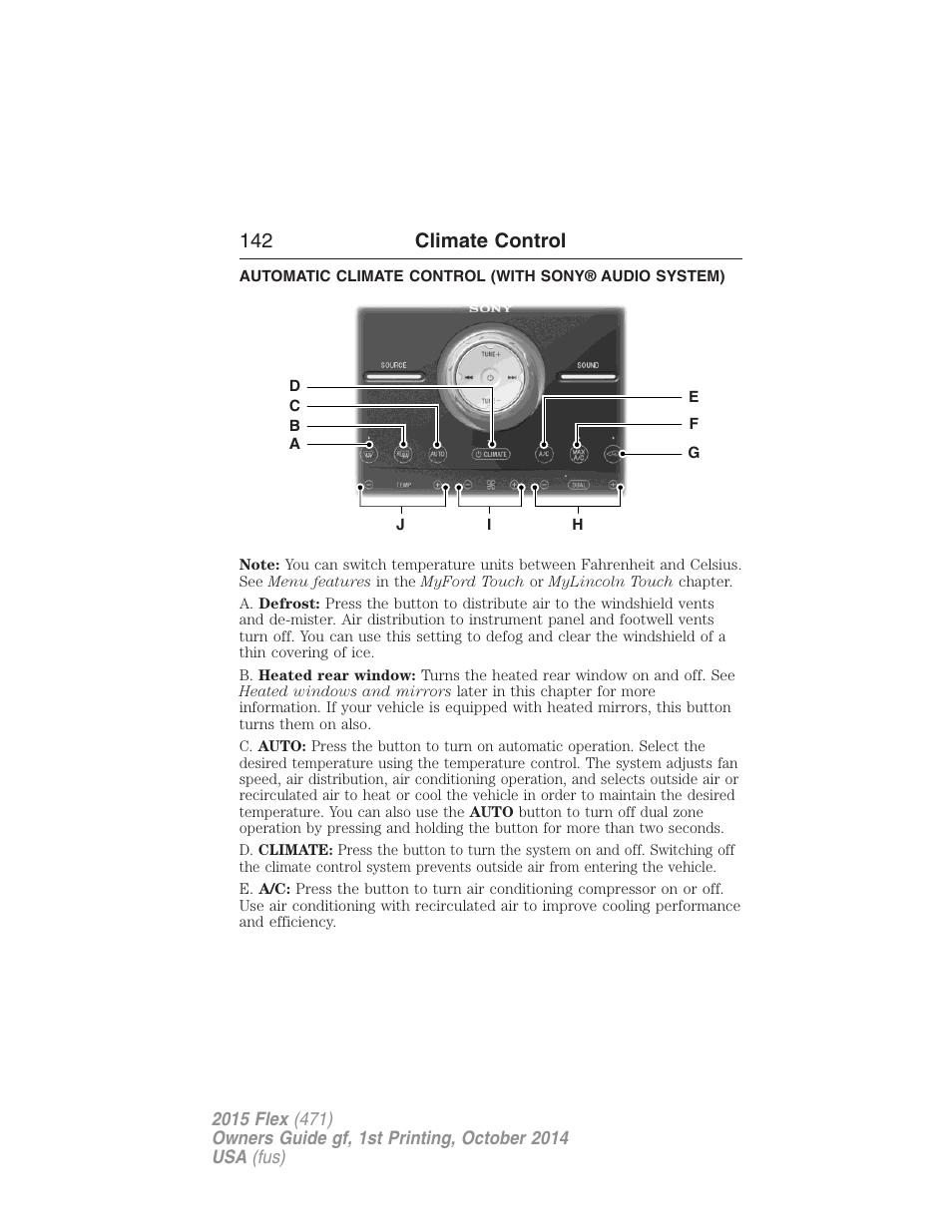 142 climate control | FORD 2015 Flex User Manual | Page 143 / 571