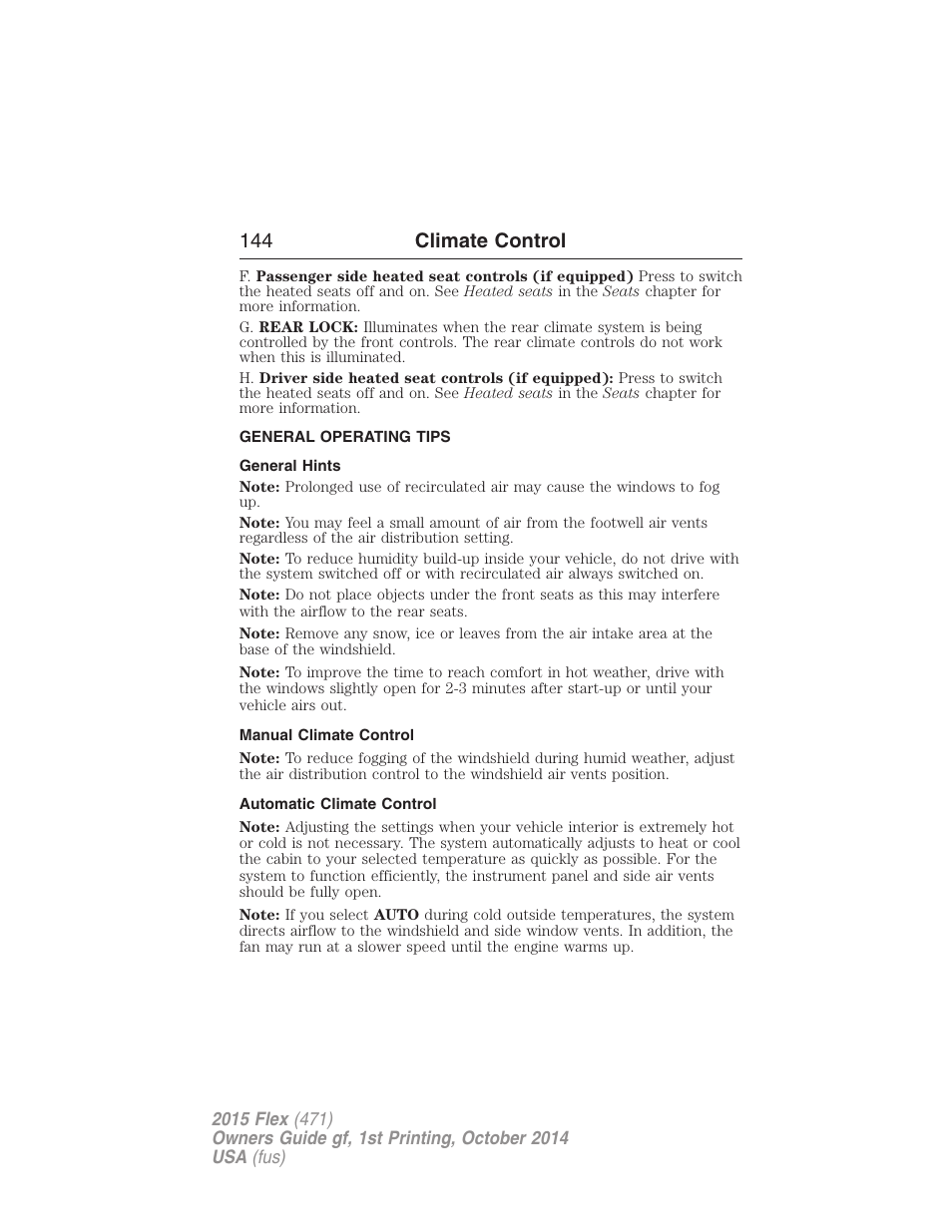 General operating tips, General hints, Manual climate control | Automatic climate control, 144 climate control | FORD 2015 Flex User Manual | Page 145 / 571