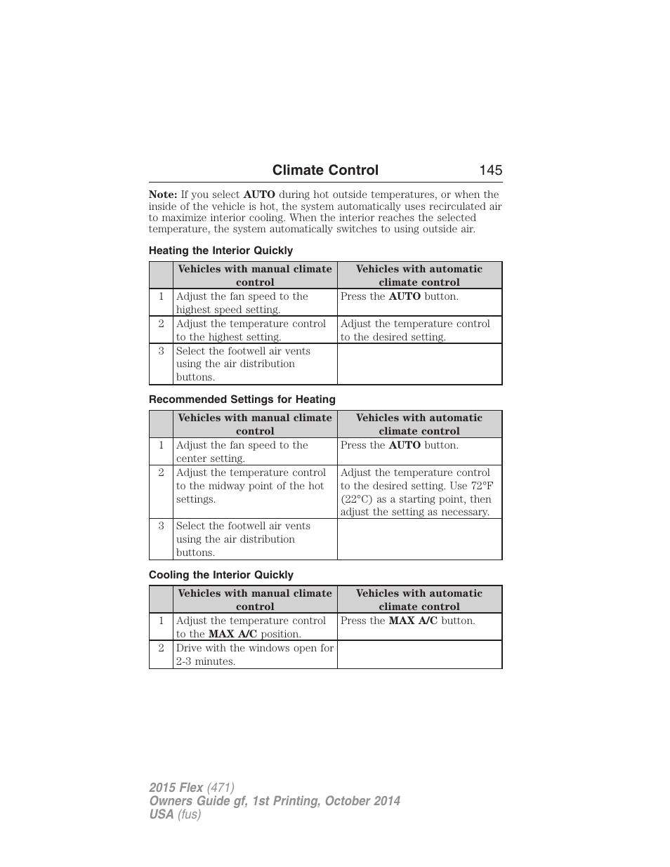 Heating the interior quickly, Recommended settings for heating, Cooling the interior quickly | Climate control 145 | FORD 2015 Flex User Manual | Page 146 / 571