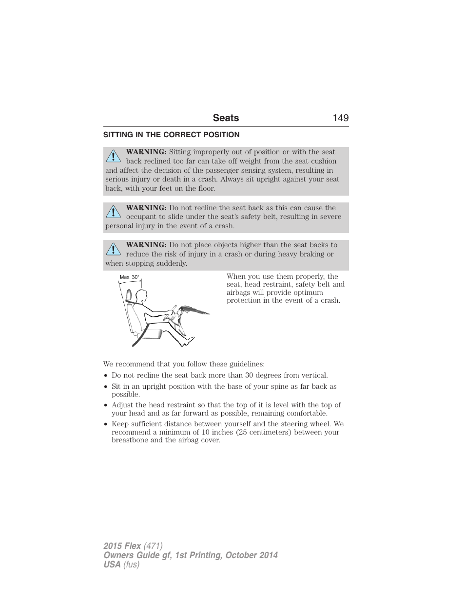 Seats, Sitting in the correct position, Seats 149 | FORD 2015 Flex User Manual | Page 150 / 571