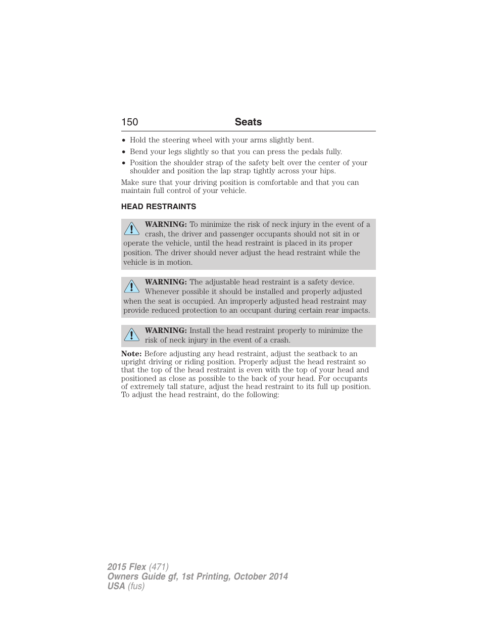 Head restraints, 150 seats | FORD 2015 Flex User Manual | Page 151 / 571