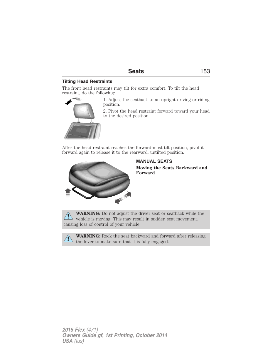 Tilting head restraints, Manual seats, Seats 153 | FORD 2015 Flex User Manual | Page 154 / 571
