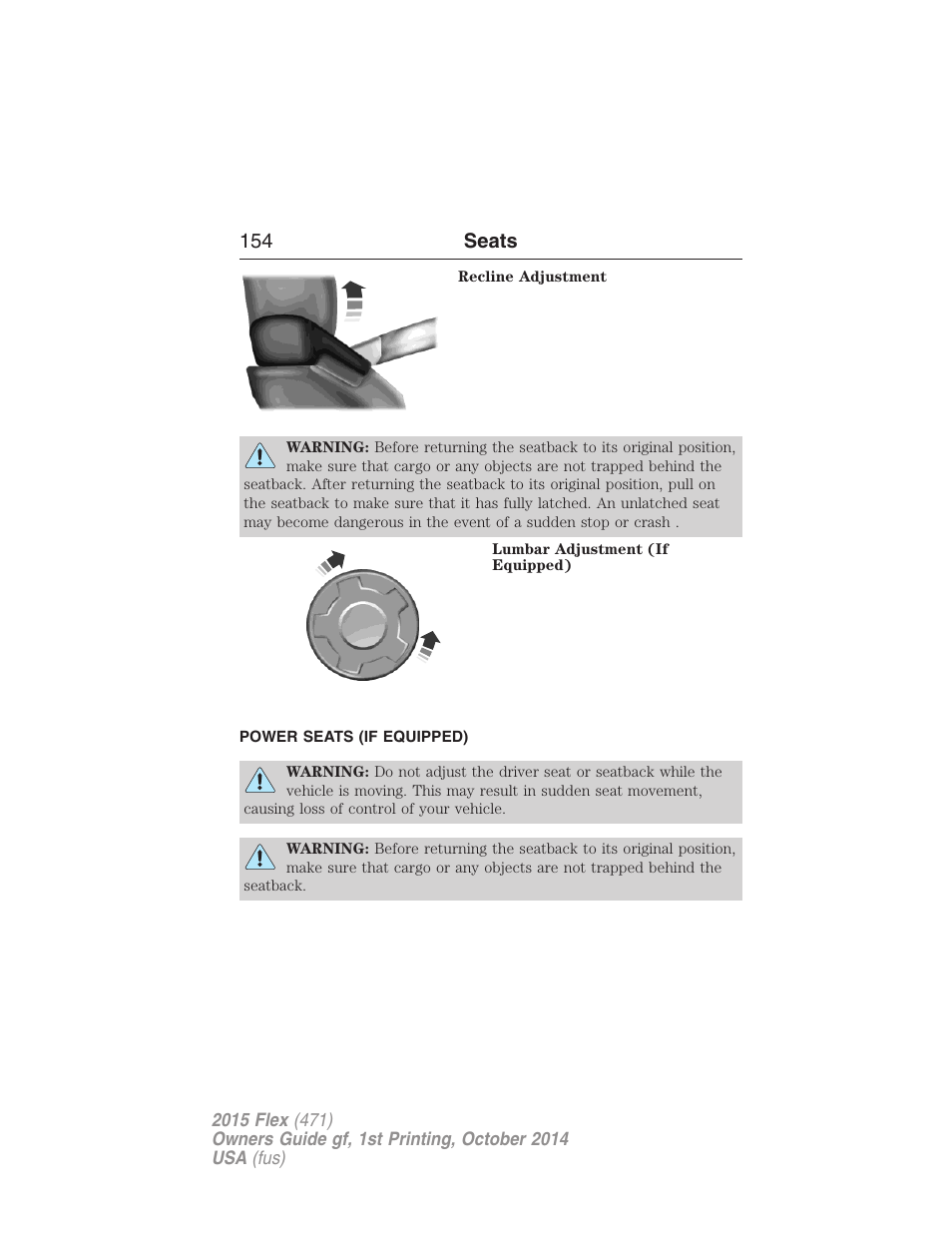 Power seats (if equipped), Power seats, 154 seats | FORD 2015 Flex User Manual | Page 155 / 571