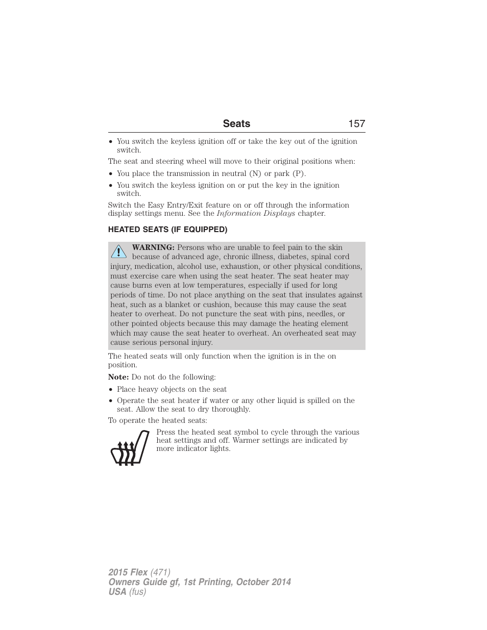 Heated seats (if equipped), Heated seats, Seats 157 | FORD 2015 Flex User Manual | Page 158 / 571