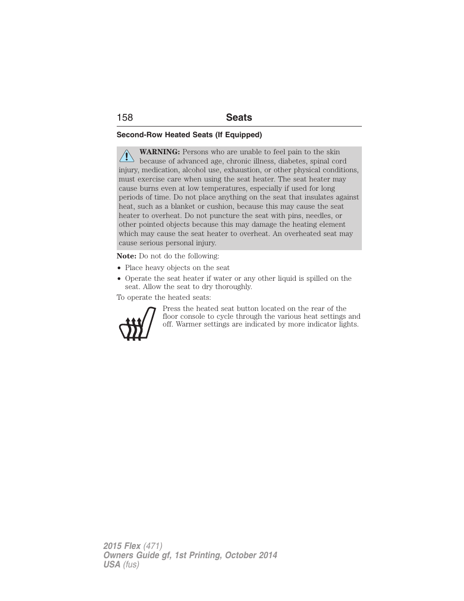 Second-row heated seats (if equipped), 158 seats | FORD 2015 Flex User Manual | Page 159 / 571