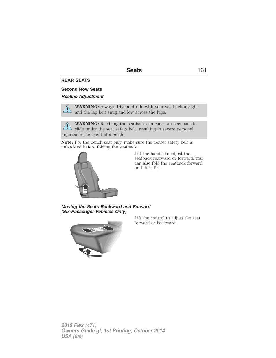 Rear seats, Second row seats, Recline adjustment | Seats 161 | FORD 2015 Flex User Manual | Page 162 / 571