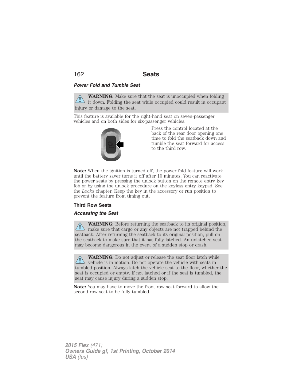 Power fold and tumble seat, Third row seats, Accessing the seat | 162 seats | FORD 2015 Flex User Manual | Page 163 / 571