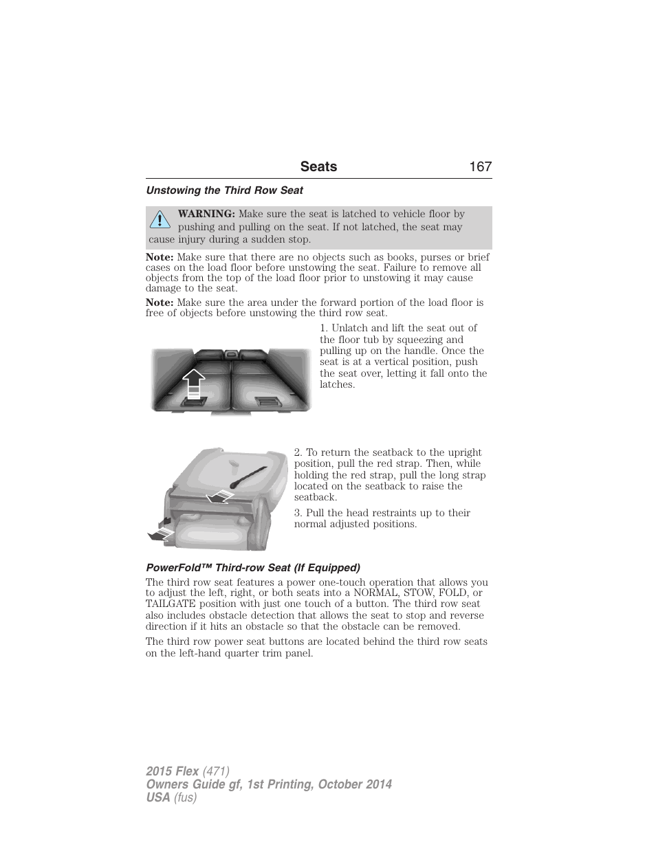 Unstowing the third row seat, Powerfold™ third-row seat (if equipped), Seats 167 | FORD 2015 Flex User Manual | Page 168 / 571