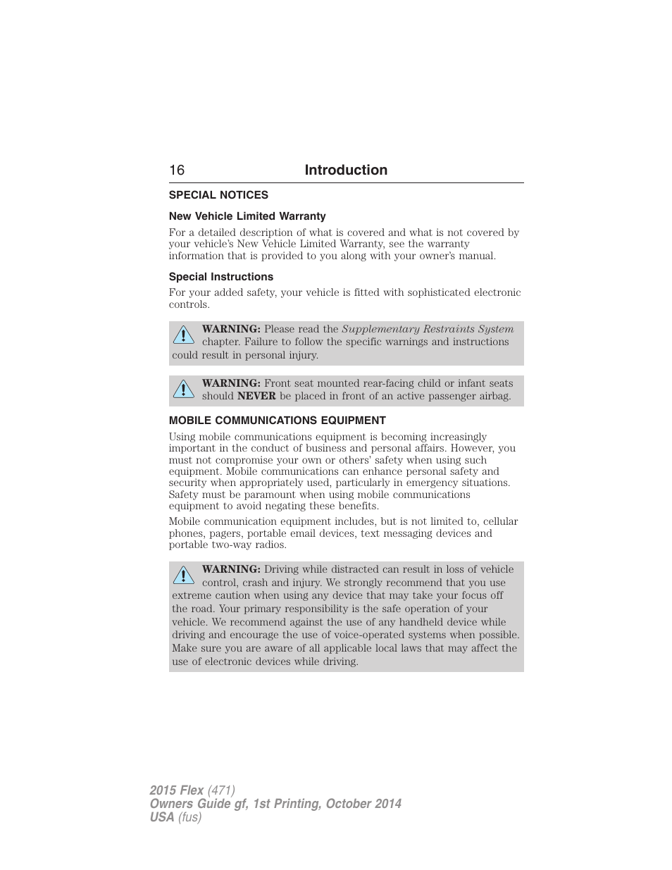 Special notices, New vehicle limited warranty, Special instructions | Mobile communications equipment, 16 introduction | FORD 2015 Flex User Manual | Page 17 / 571