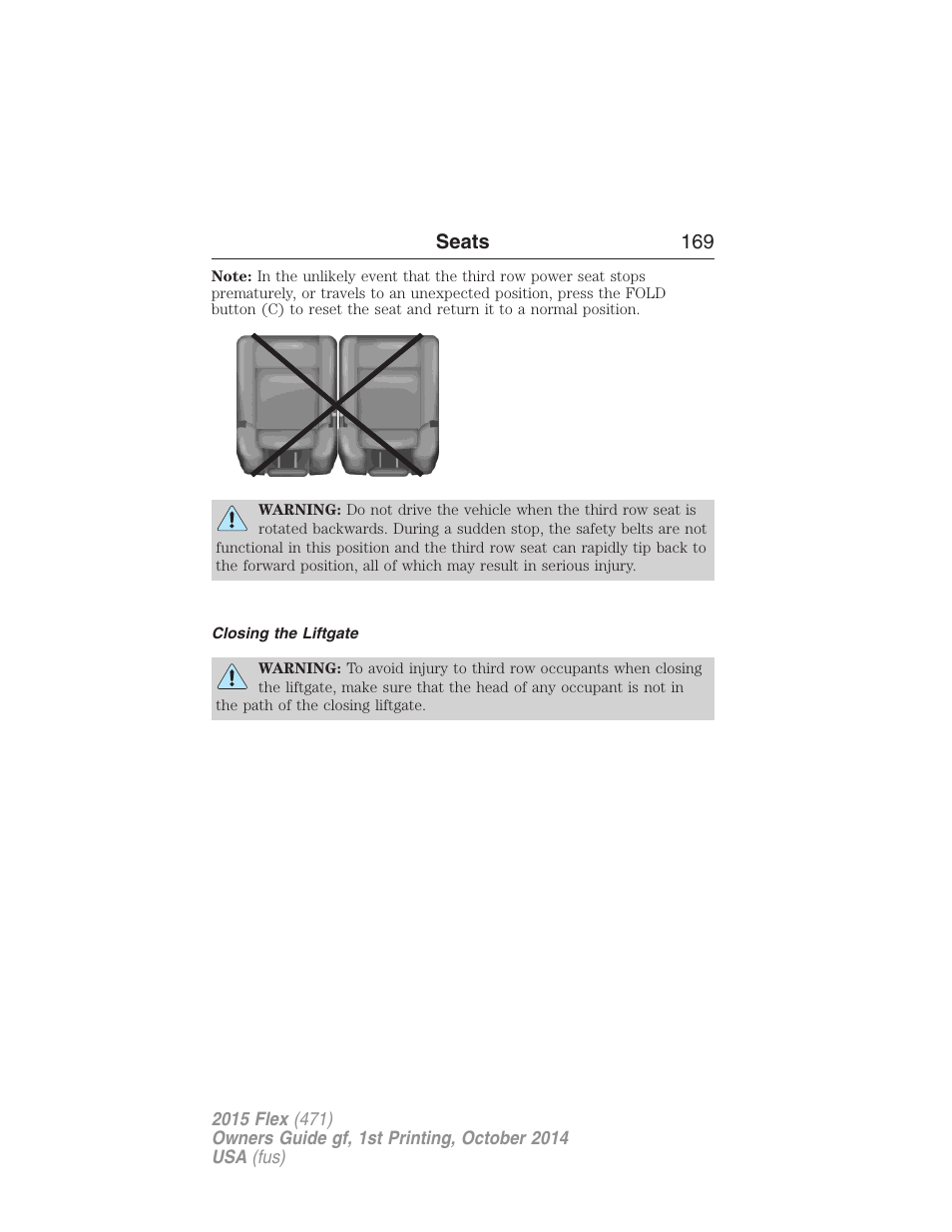 Closing the liftgate, Seats 169 | FORD 2015 Flex User Manual | Page 170 / 571