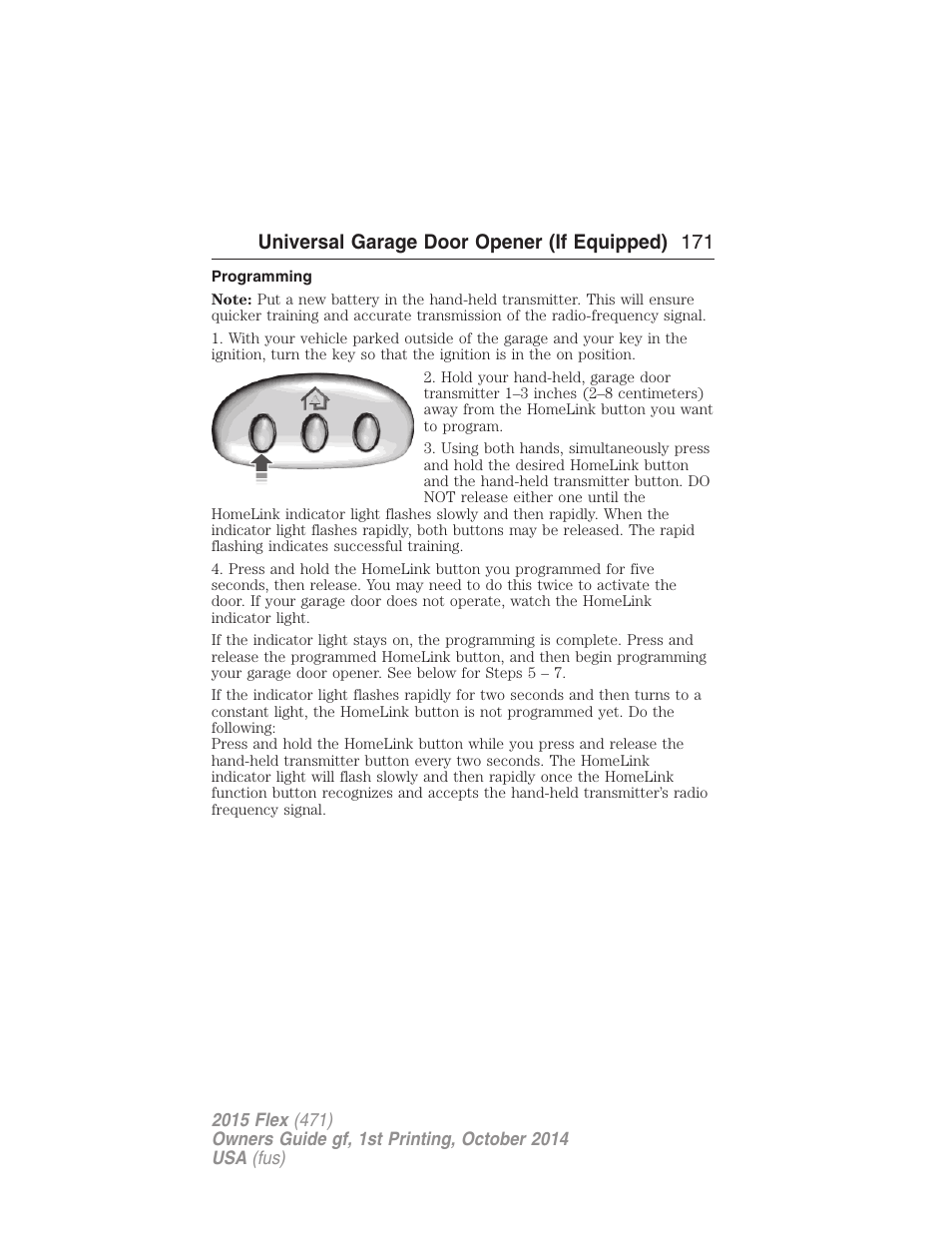 Programming, Universal garage door opener (if equipped) 171 | FORD 2015 Flex User Manual | Page 172 / 571