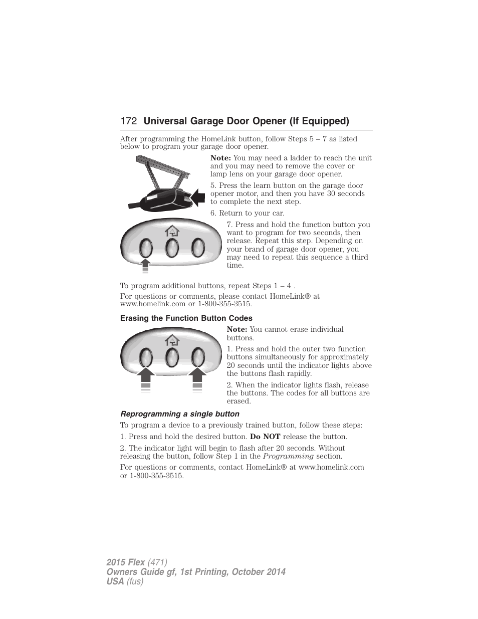 Erasing the function button codes, Reprogramming a single button, 172 universal garage door opener (if equipped) | FORD 2015 Flex User Manual | Page 173 / 571