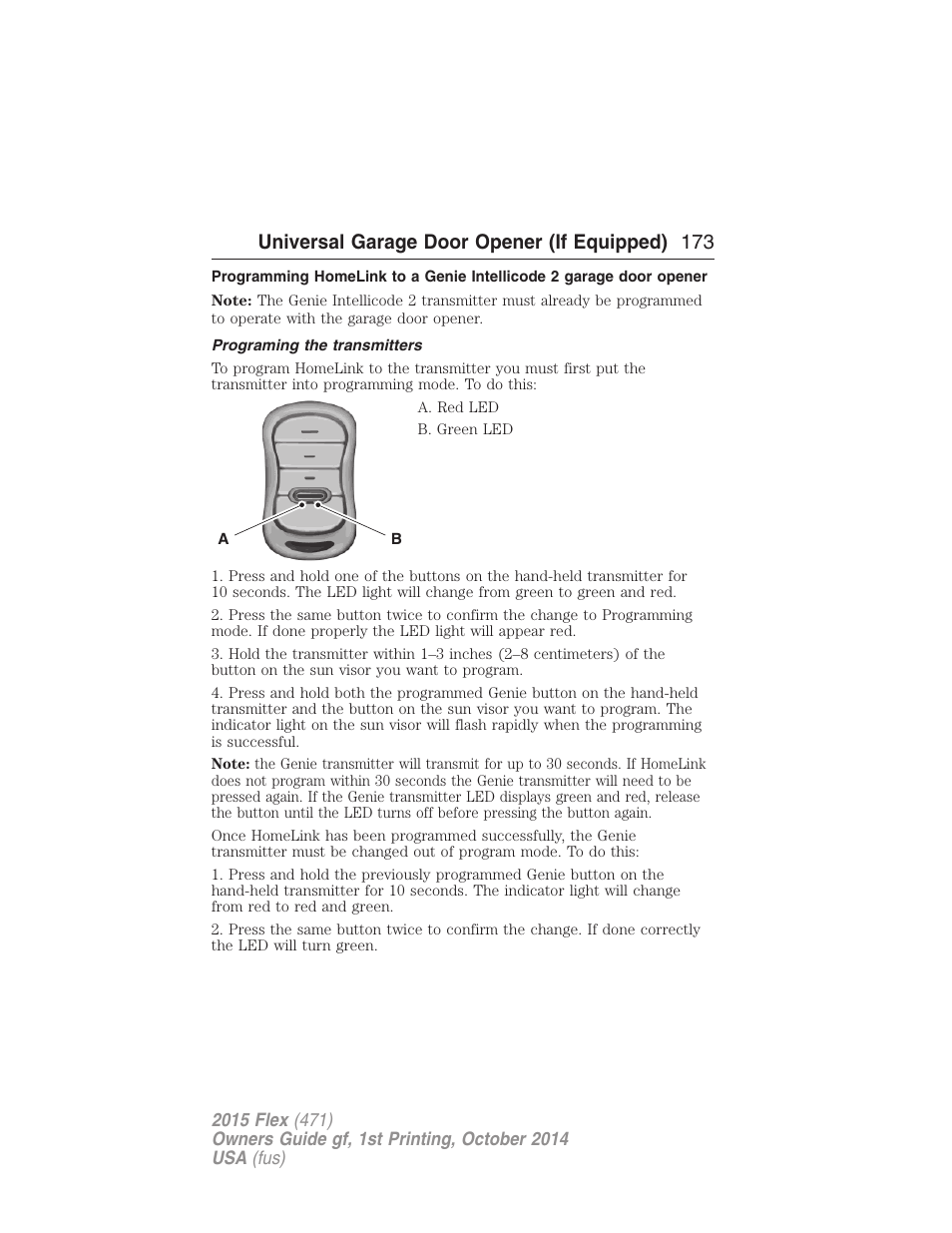 Programing the transmitters, Universal garage door opener (if equipped) 173 | FORD 2015 Flex User Manual | Page 174 / 571