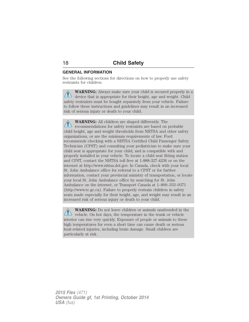 Child safety, General information, 18 child safety | FORD 2015 Flex User Manual | Page 19 / 571