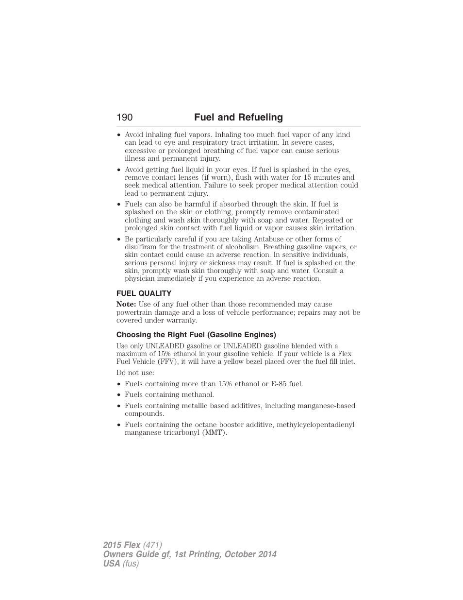 Fuel quality, Choosing the right fuel (gasoline engines), 190 fuel and refueling | FORD 2015 Flex User Manual | Page 191 / 571