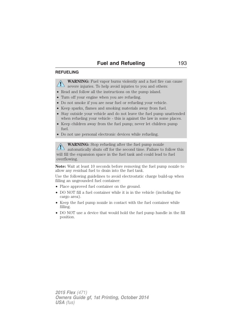 Refueling, Fuel and refueling 193 | FORD 2015 Flex User Manual | Page 194 / 571