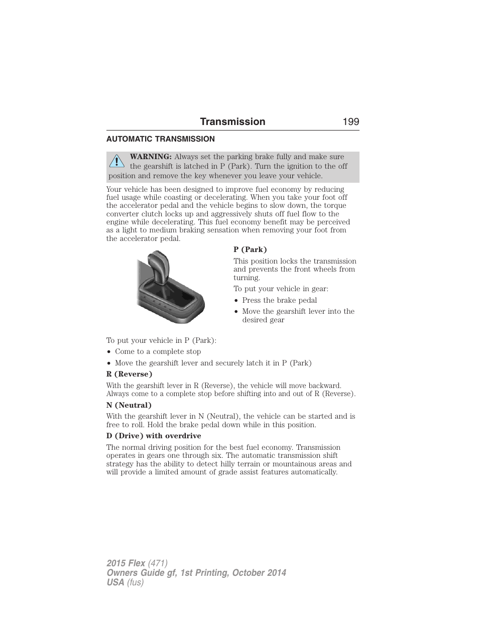 Transmission, Automatic transmission, Transmission 199 | FORD 2015 Flex User Manual | Page 200 / 571