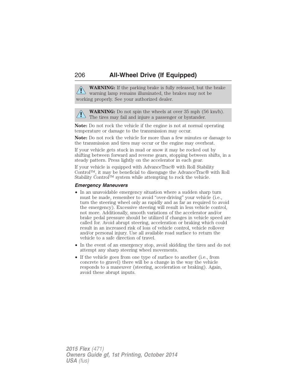 Emergency maneuvers, 206 all-wheel drive (if equipped) | FORD 2015 Flex User Manual | Page 207 / 571