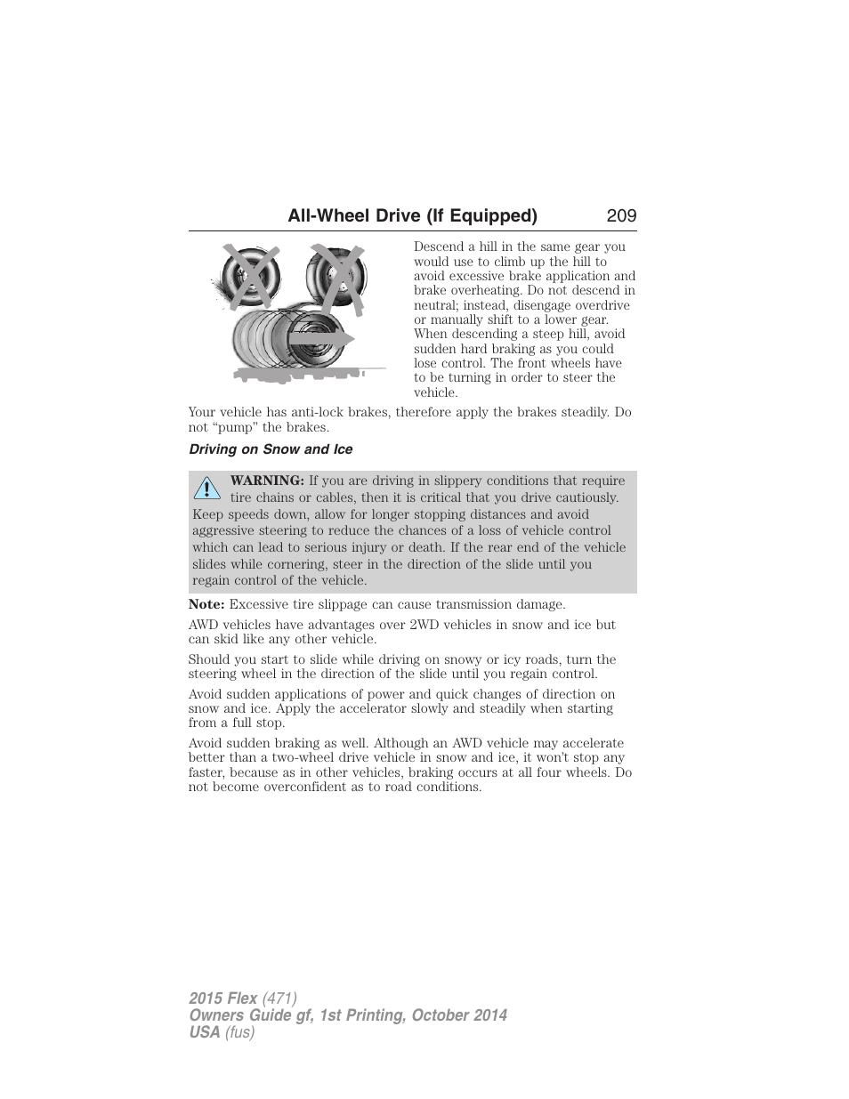 Driving on snow and ice, All-wheel drive (if equipped) 209 | FORD 2015 Flex User Manual | Page 210 / 571