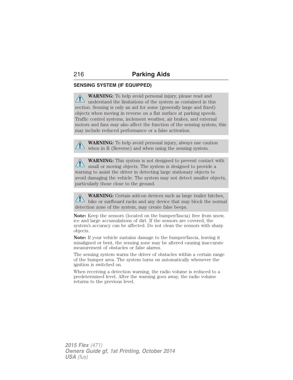 Parking aids, Sensing system (if equipped), Sensing system | 216 parking aids | FORD 2015 Flex User Manual | Page 217 / 571