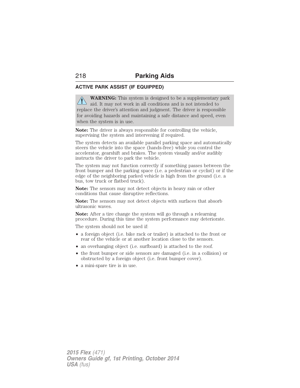 Active park assist (if equipped), Active park assist, 218 parking aids | FORD 2015 Flex User Manual | Page 219 / 571