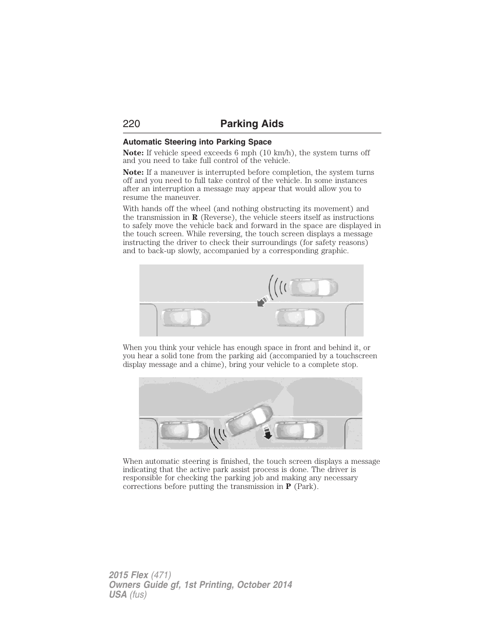 Automatic steering into parking space, 220 parking aids | FORD 2015 Flex User Manual | Page 221 / 571