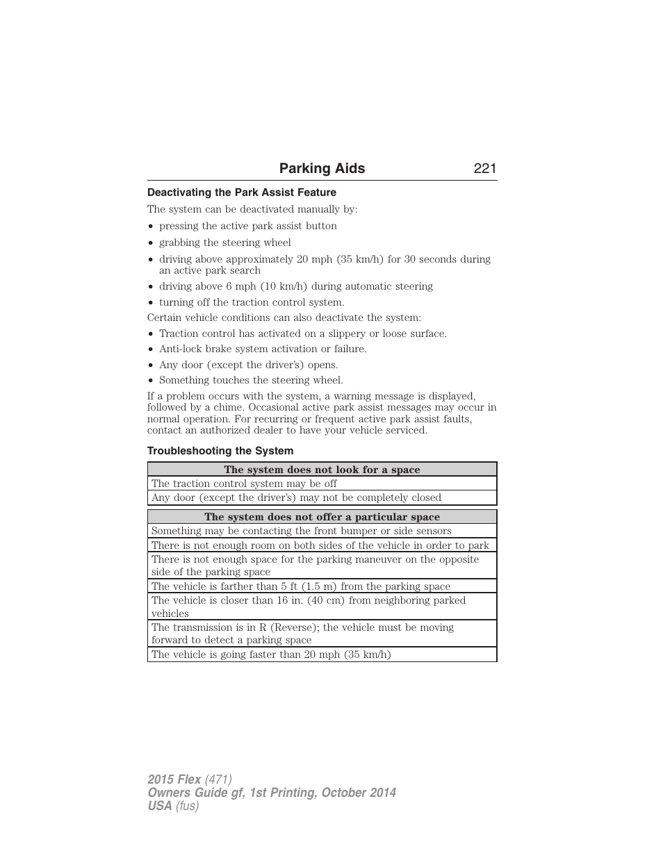 Deactivating the park assist feature, Troubleshooting the system, Parking aids 221 | FORD 2015 Flex User Manual | Page 222 / 571
