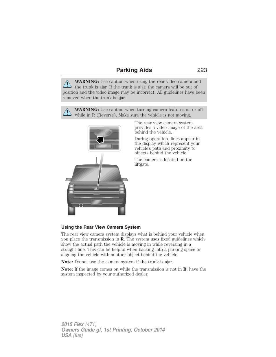 Using the rear view camera system, Parking aids 223 | FORD 2015 Flex User Manual | Page 224 / 571