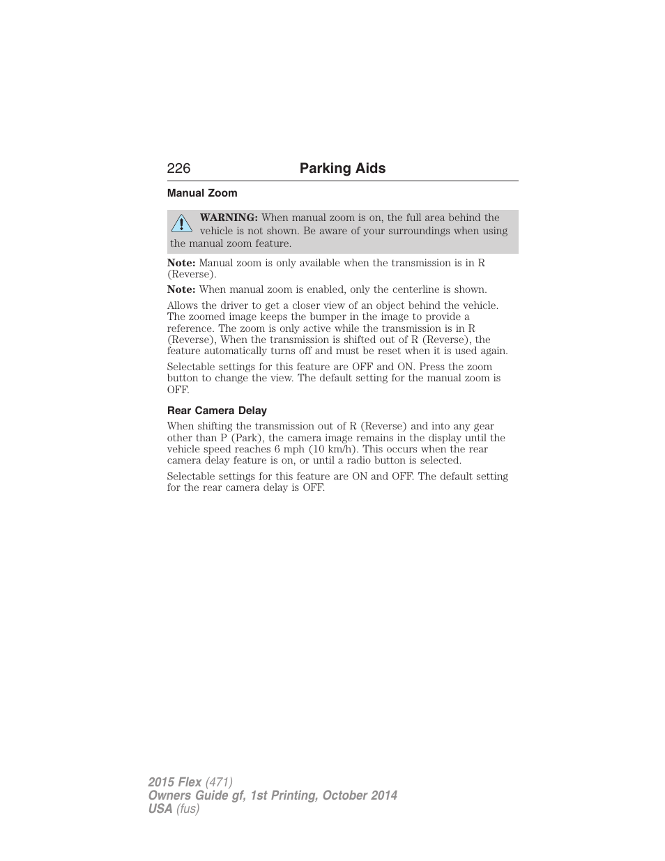 Manual zoom, Rear camera delay, 226 parking aids | FORD 2015 Flex User Manual | Page 227 / 571