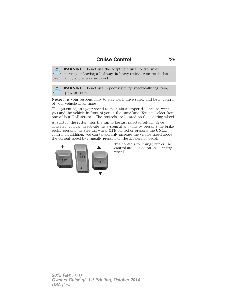 Cruise control 229 | FORD 2015 Flex User Manual | Page 230 / 571