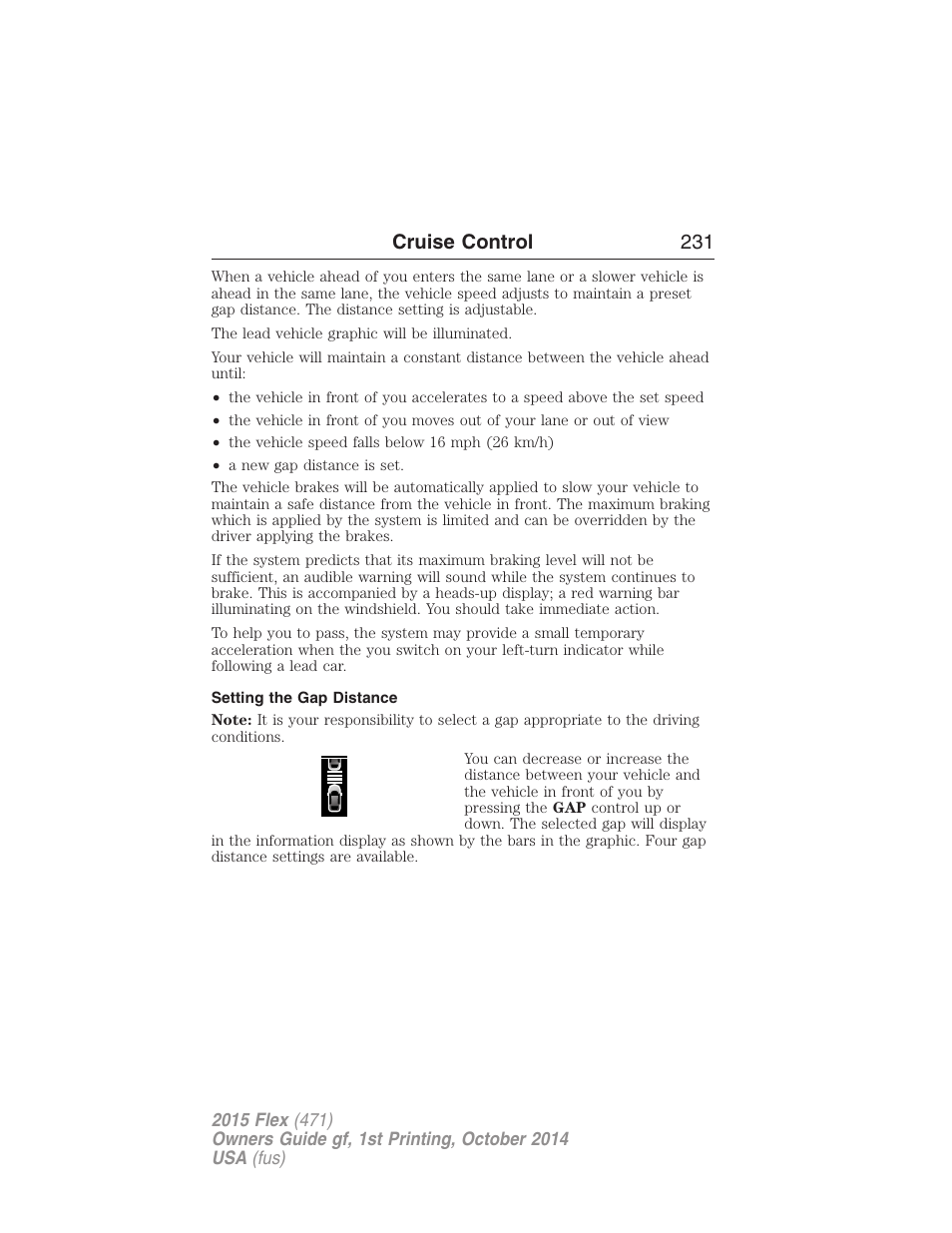 Setting the gap distance, Cruise control 231 | FORD 2015 Flex User Manual | Page 232 / 571