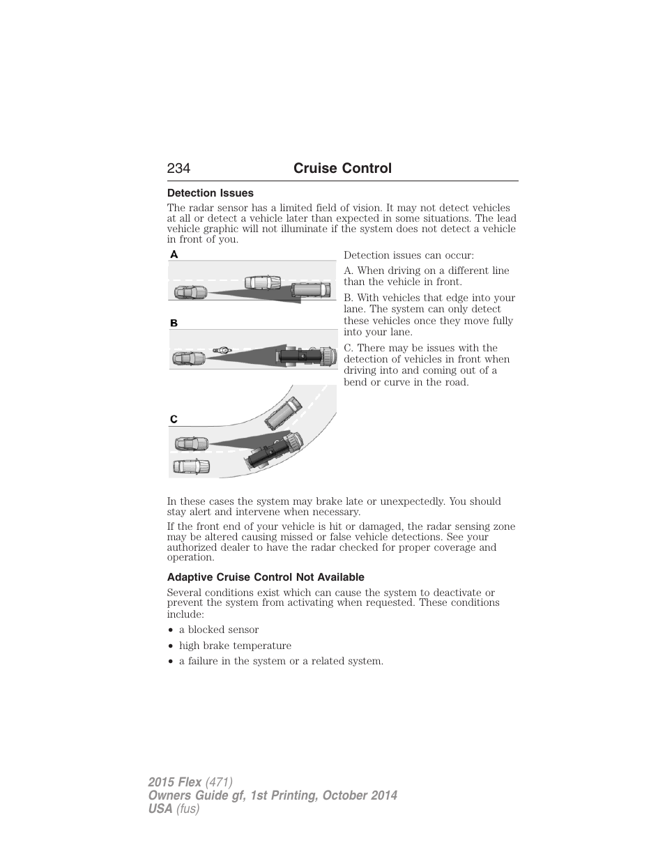 Detection issues, Adaptive cruise control not available, 234 cruise control | FORD 2015 Flex User Manual | Page 235 / 571