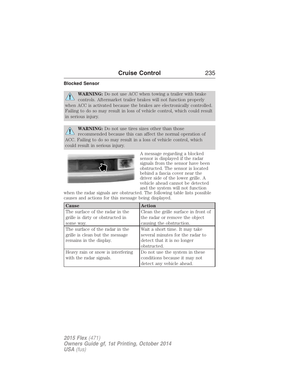 Blocked sensor, Cruise control 235 | FORD 2015 Flex User Manual | Page 236 / 571