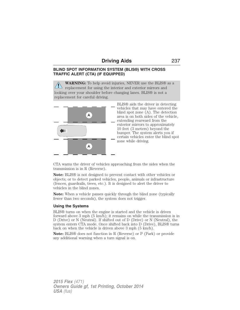 Driving aids, Using the systems, Driving aids 237 | FORD 2015 Flex User Manual | Page 238 / 571