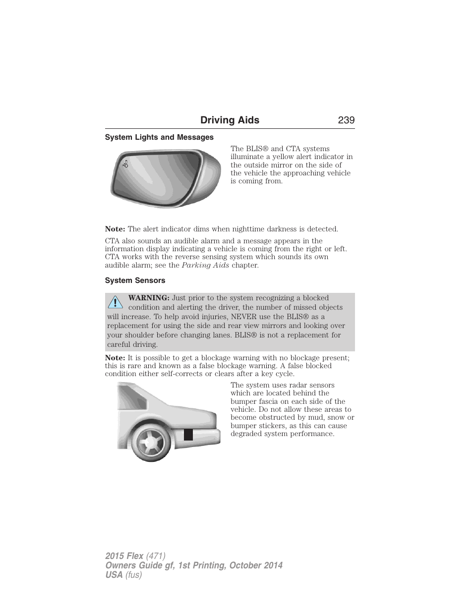 System lights and messages, System sensors, Driving aids 239 | FORD 2015 Flex User Manual | Page 240 / 571