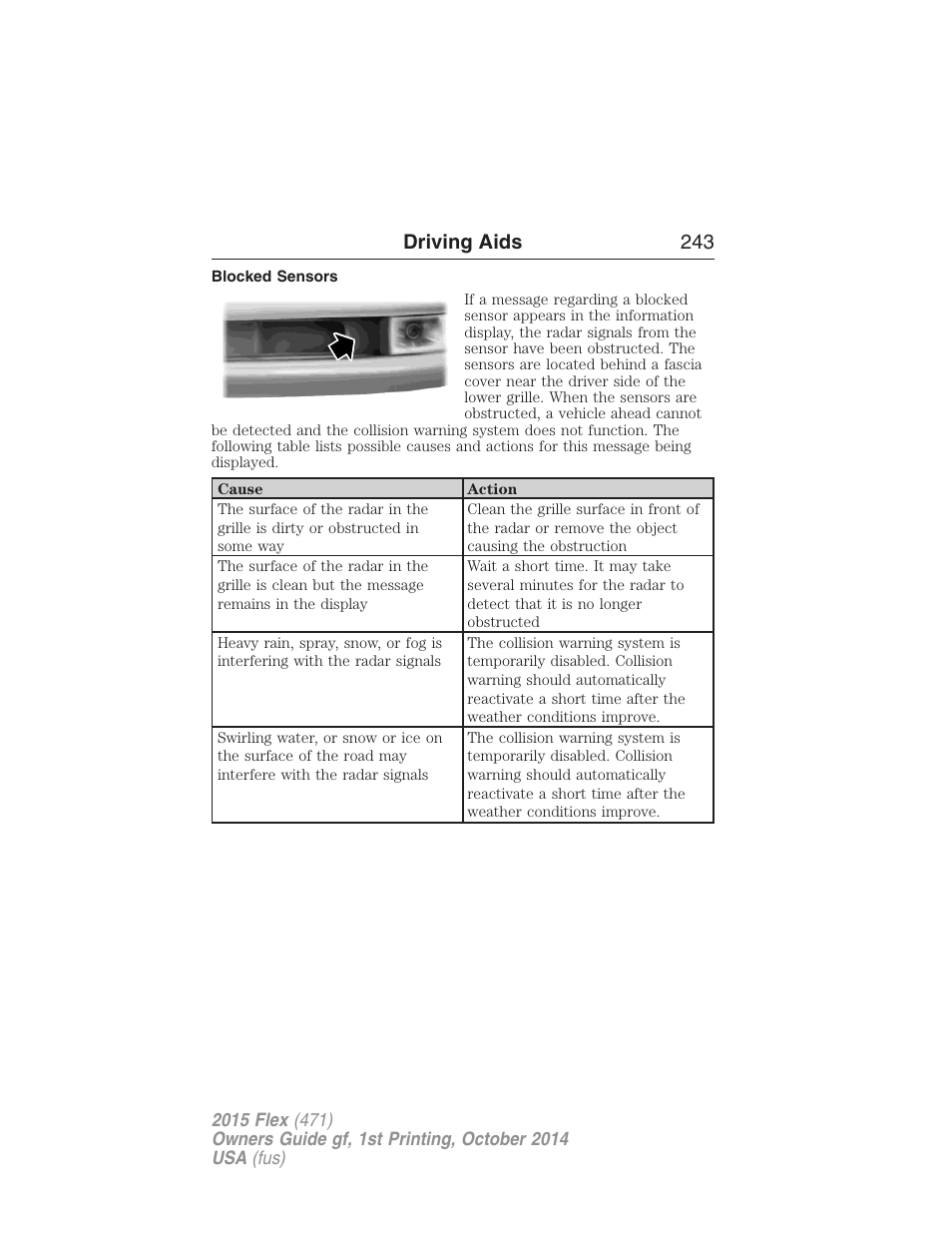 Blocked sensors, Driving aids 243 | FORD 2015 Flex User Manual | Page 244 / 571