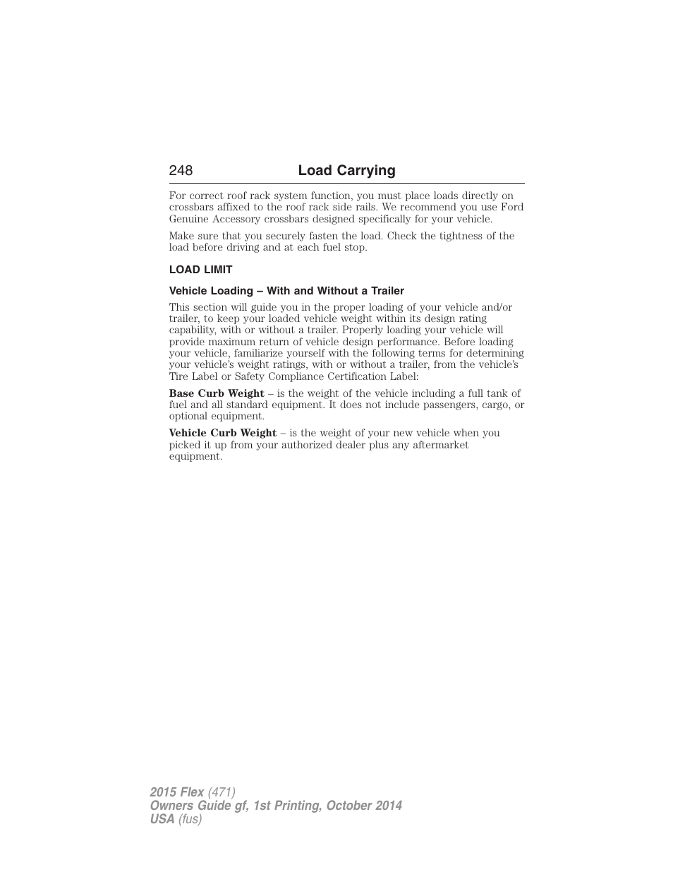 Load limit, Vehicle loading – with and without a trailer, Vehicle loading | 248 load carrying | FORD 2015 Flex User Manual | Page 249 / 571