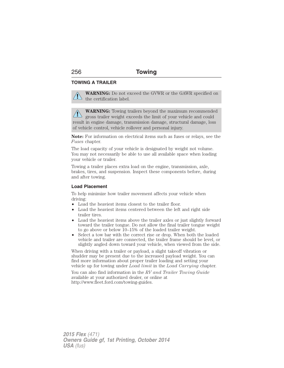 Towing, Towing a trailer, Load placement | Trailer towing, 256 towing | FORD 2015 Flex User Manual | Page 257 / 571